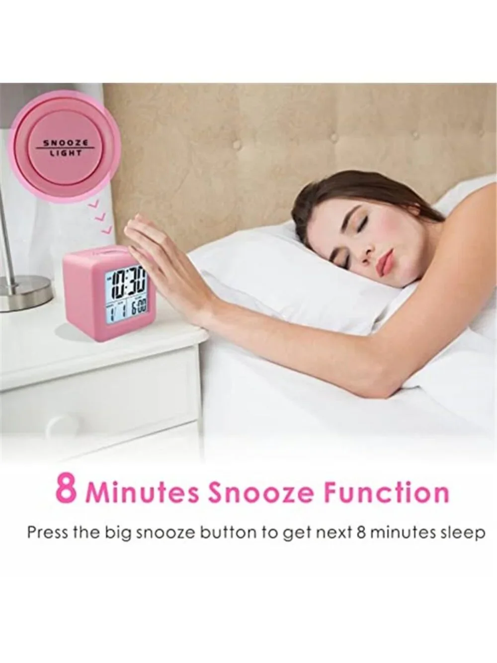 Pink Alarm Clock Large Display LCD Digital Clock Snooze Battery Portable Kids